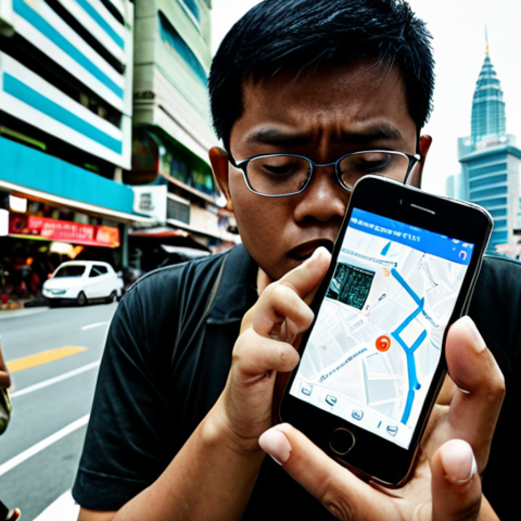 **Prompt:** A concerned Malaysian citizen adjusting privacy settings on a smartphone, overlays of data streams swirling around the phone. Emphasize the digital footprint concept. Background: A busy Kuala Lumpur street scene. Style: Modern, slightly dystopian, tech-focused.