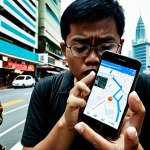 **Prompt:** A concerned Malaysian citizen adjusting privacy settings on a smartphone, overlays of data streams swirling around the phone. Emphasize the digital footprint concept. Background: A busy Kuala Lumpur street scene. Style: Modern, slightly dystopian, tech-focused.