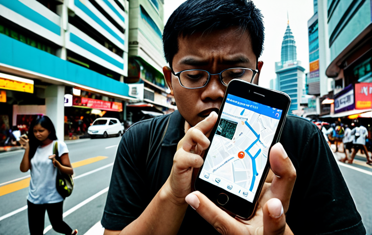 **Prompt:** A concerned Malaysian citizen adjusting privacy settings on a smartphone, overlays of data streams swirling around the phone. Emphasize the digital footprint concept. Background: A busy Kuala Lumpur street scene. Style: Modern, slightly dystopian, tech-focused.