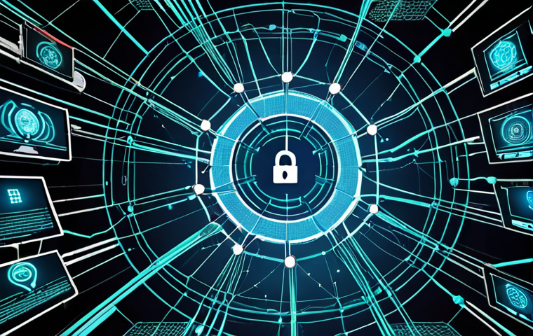 **Cybersecurity Threat Landscape:** A complex web of interconnected nodes representing ransomware, phishing attacks, and data breaches, visualized in a futuristic, digital style. Highlight sophisticated criminal organizations operating behind the scenes.